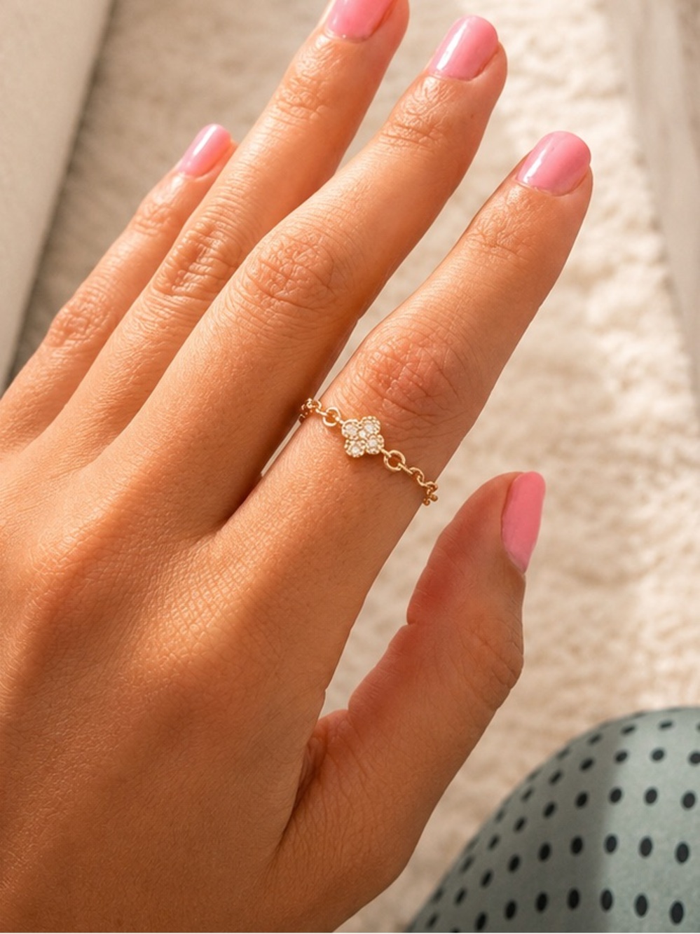 Delicate Gold Clover Chain Ring - Pink Accent